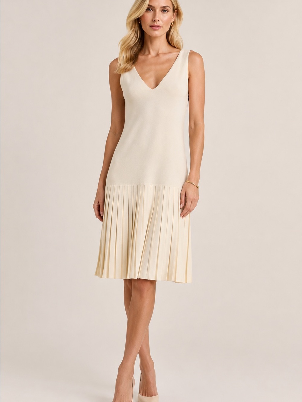 Ralph Lauren Collection Purple Label Italy Cream Pleated Drop Waist Knit Dress M